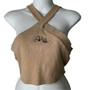 Forever 21 Butterfly Ribbed Tan Crop-Top Y2K style size:L
